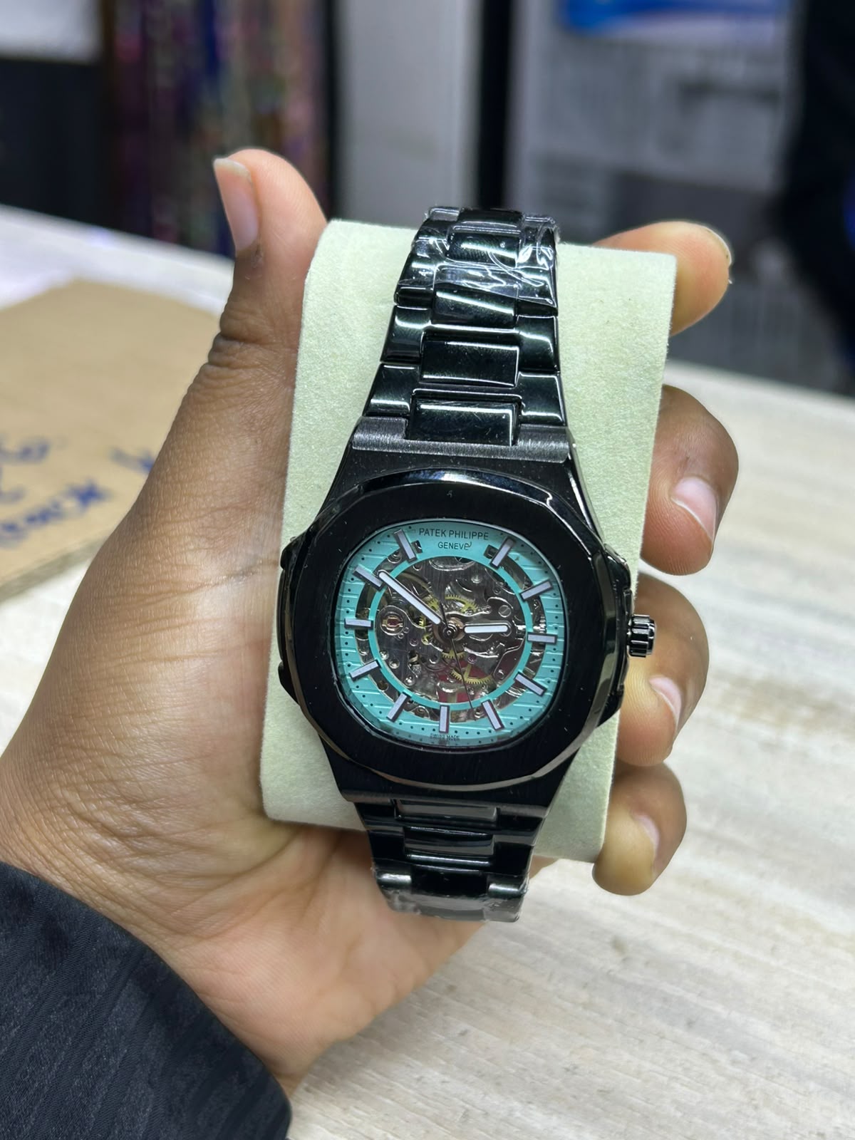 Patek Philippe Geneve Men's Skeleton Watch – Stealth Matte Black Link Bracelet, Luxury Turquoise Tiffany Blue Dial & Automatic Mechanical Aesthetic