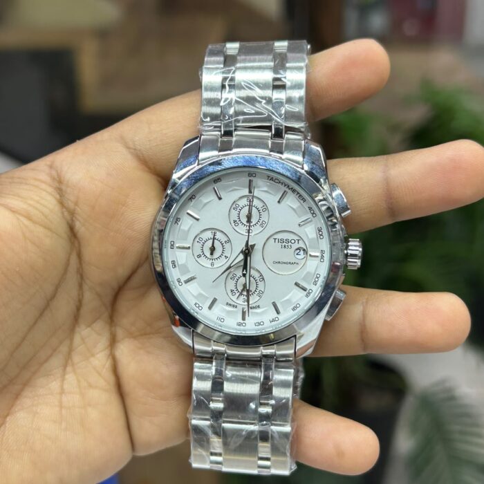 Tissot Style Men’s Chronograph Watch – Premium Silver Stainless Steel Link Bracelet, Alpine White Dial, Tachymeter Scale & Date Window
